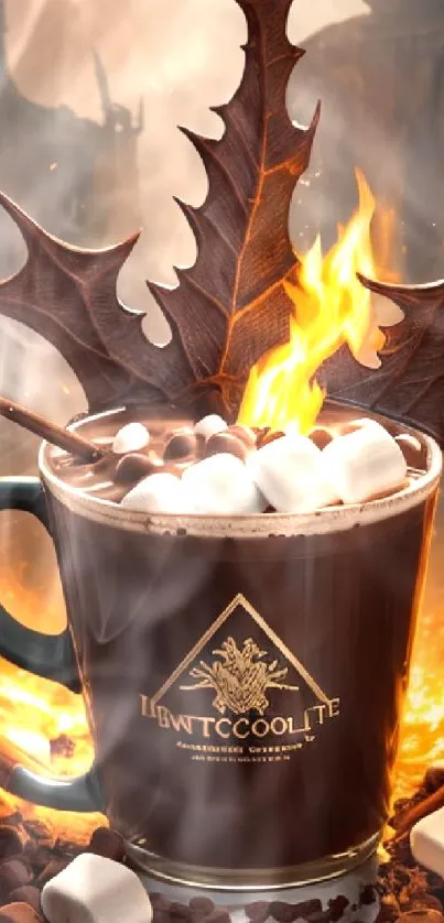 Fiery hot chocolate with marshmallows and flames in a cup.