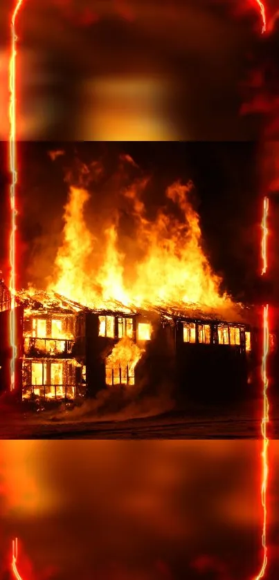 Blazing house fire on a dark night with intense orange flames.