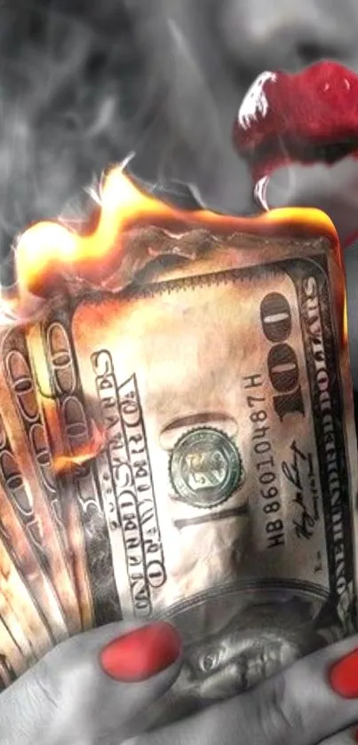 Burning hundred-dollar bills with red lips and nails on mobile wallpaper.