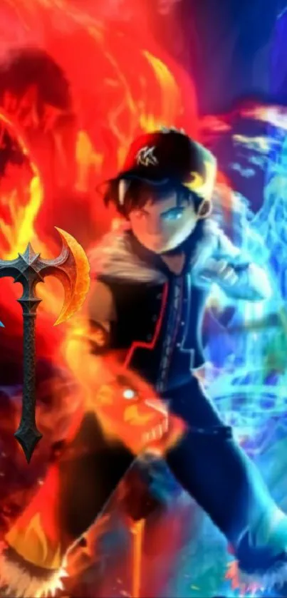 Anime warrior with fiery ice powers in a vibrant fantasy design.