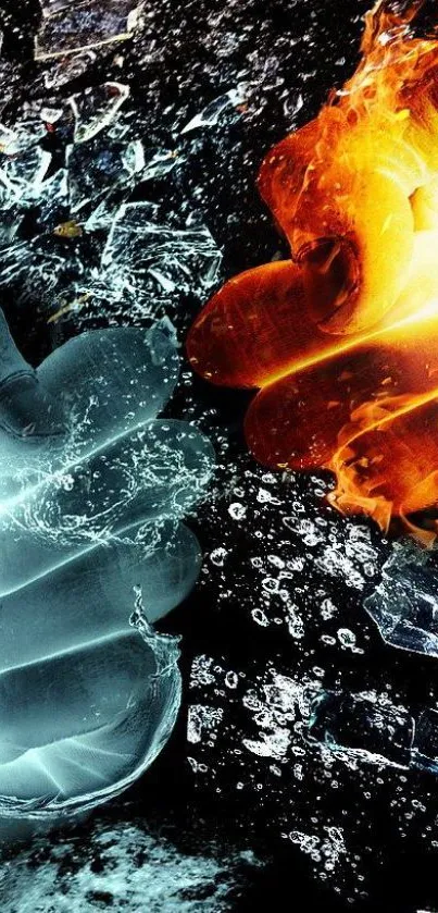 Dynamic wallpaper depicting fiery and icy elements clashing.