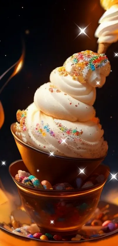 Ice cream swirl in fiery glow with vivid, colorful decorations.