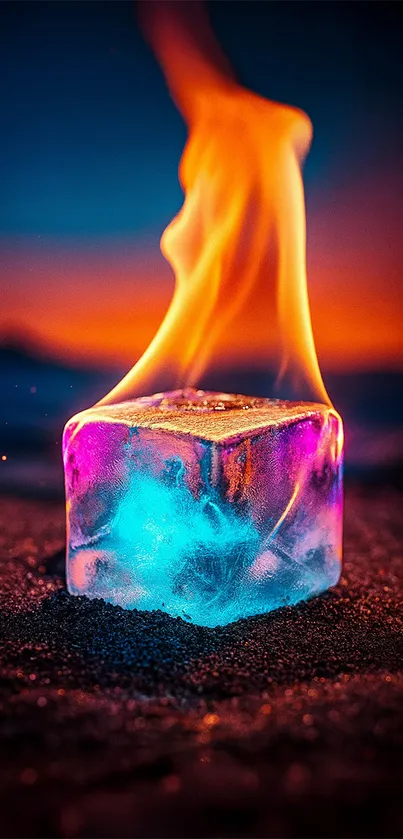 A colorful ice cube with flames against a dark background.