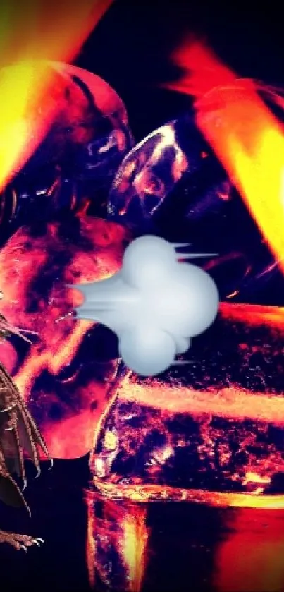 Dragon breathing amidst fiery flames and icy backdrop.