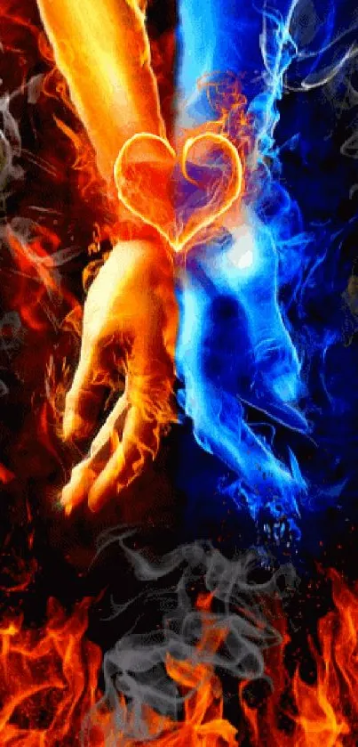 Vivid fire and ice hand art with heart, blending colors in dynamic contrast.