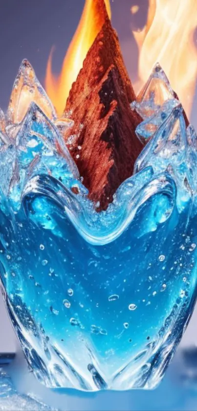 Image of a fiery glass sculpture with blue and flame elements.