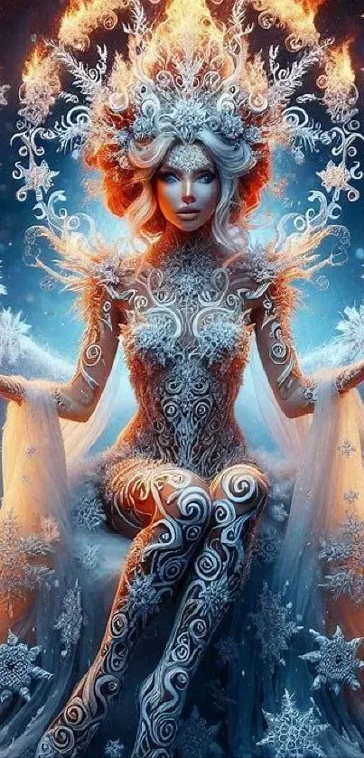 Fiery ice queen surrounded by flames and snowflakes in fantasy artwork.