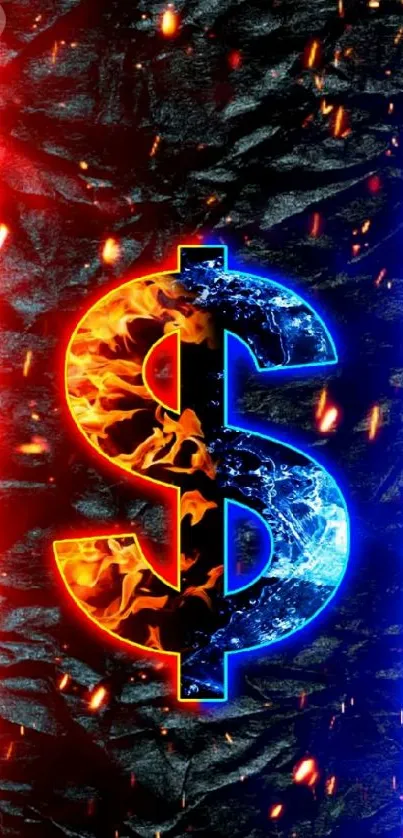 Fiery and icy dollar symbol on vibrant phone wallpaper.