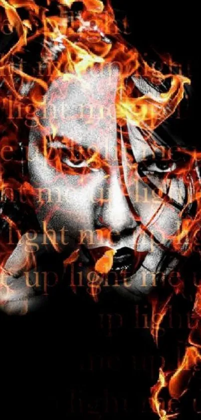 Fiery illusion with face and flames on a dark background for mobile wallpaper.