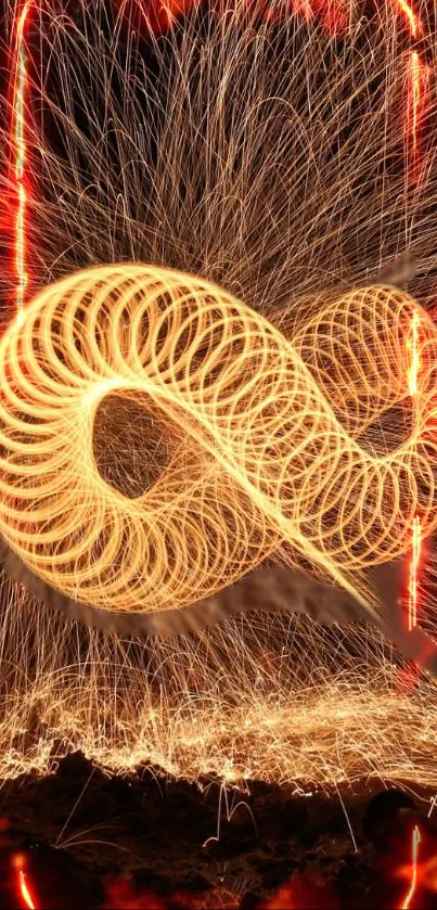 Fiery infinity loop with sparks on dark background.