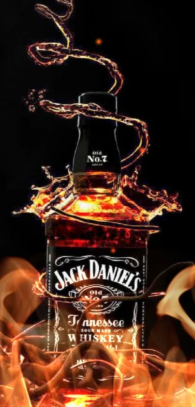 A fiery Jack Daniel's bottle surrounded by flames on a dark background.