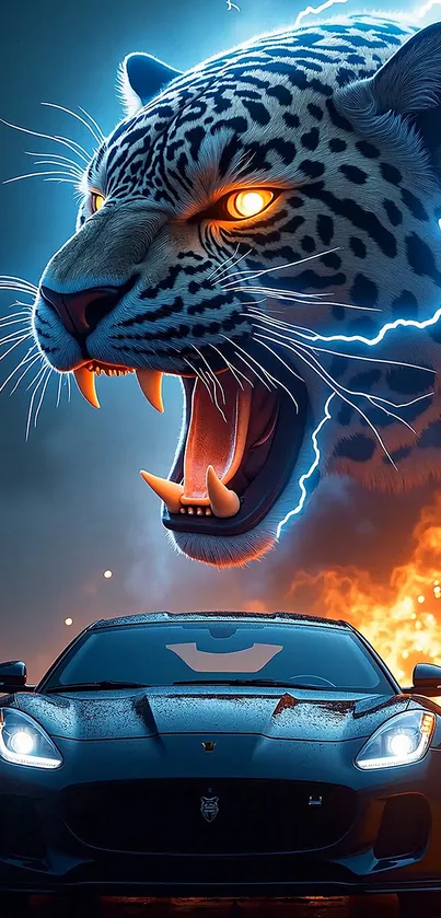 Jaguar roaring above a sports car with lightning and fire.