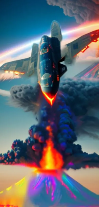 Jet soaring over an erupting volcano with fiery colors and dynamic clouds.