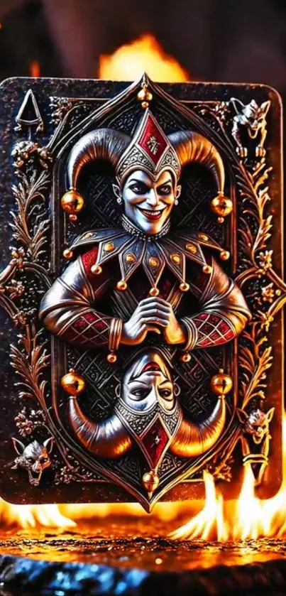 Joker card amidst vibrant flames showcasing artistry.