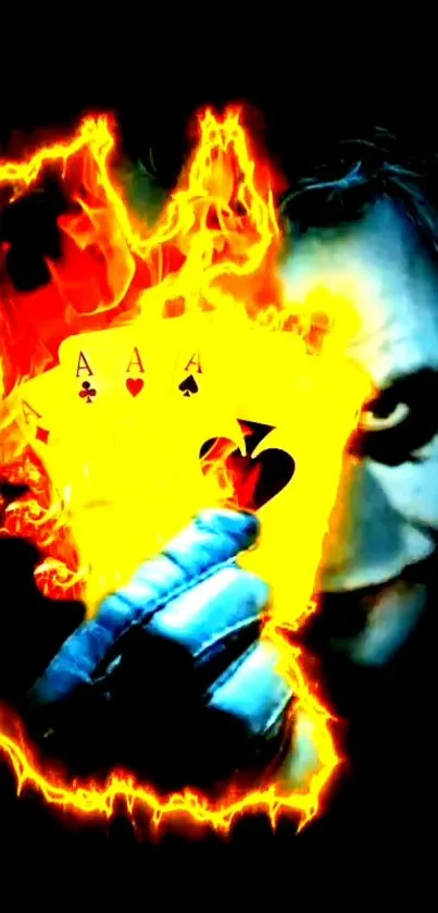 Joker holding fiery playing cards with dark background.