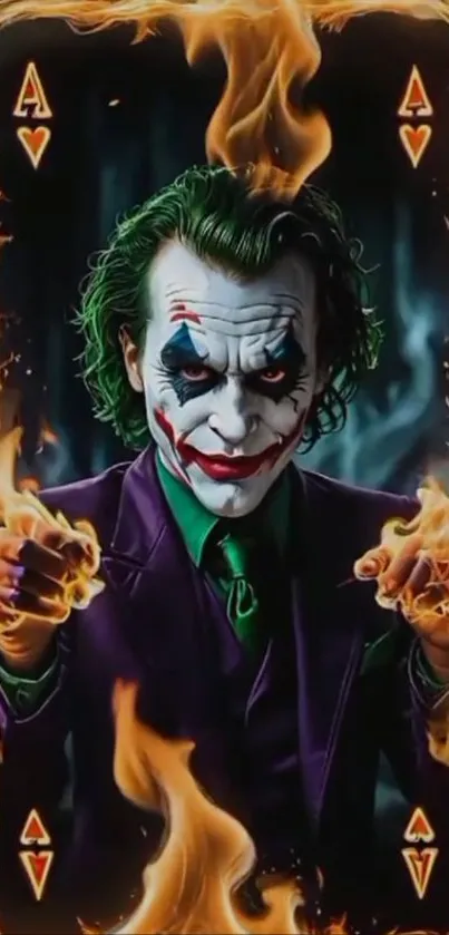 Joker playing card engulfed in flames with dark background.