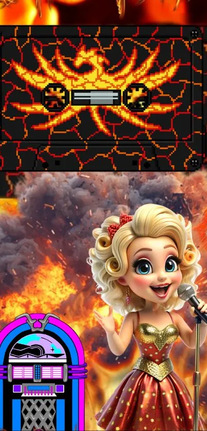 Fiery animated wallpaper with jukebox and cartoon singer in vibrant colors.