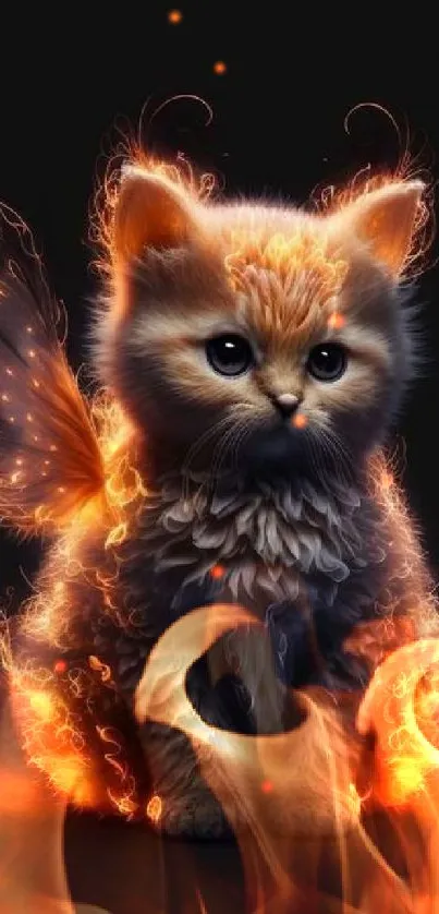 A fantasy kitten with fiery wings on a black background.