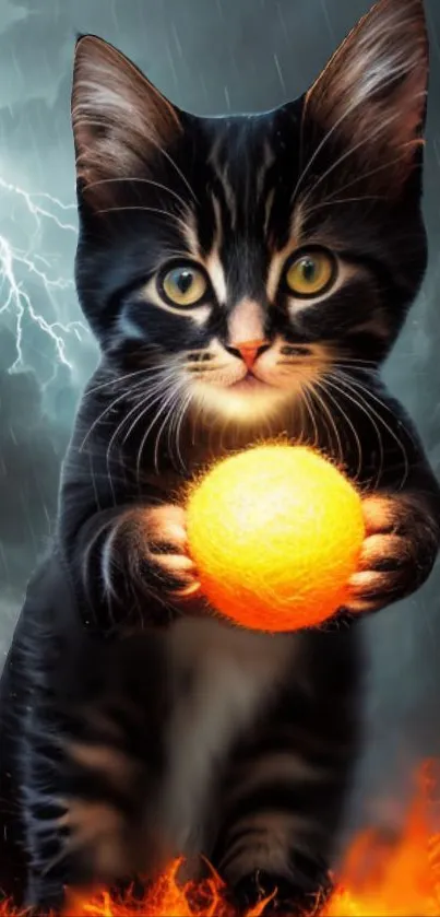 Black kitten holding a glowing orb with fiery flames and stormy sky.