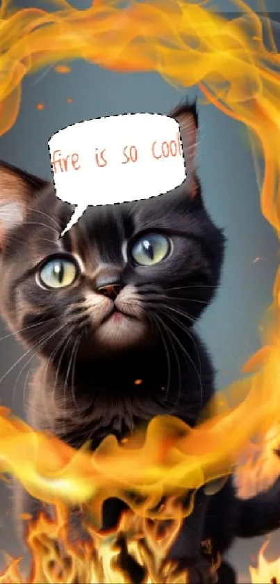 Cute kitten surrounded by fiery flames.