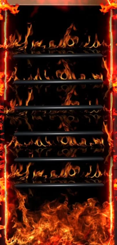 Fiery ladder and flames wallpaper with vibrant red and black hues.