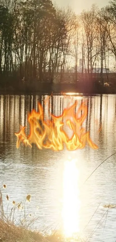 Fiery reflection on a serene lake at sunset.