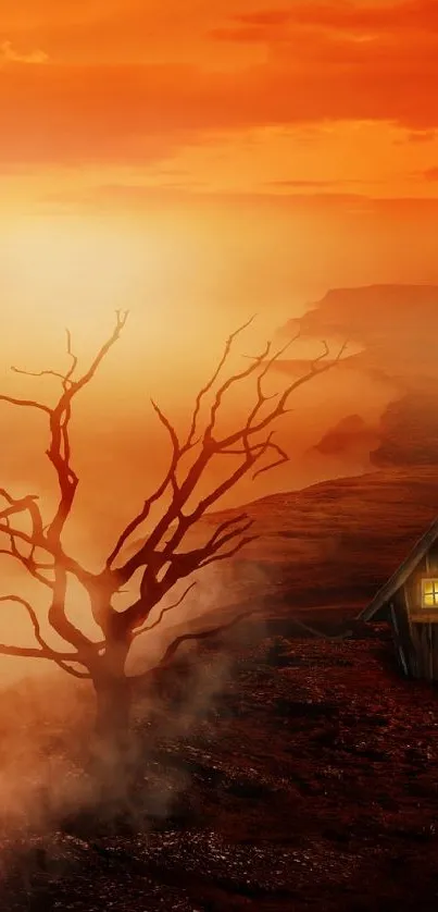 Fiery landscape with cabin under dramatic sunset.