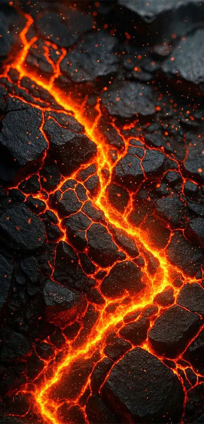 Fiery orange lava flowing through dark rocks.