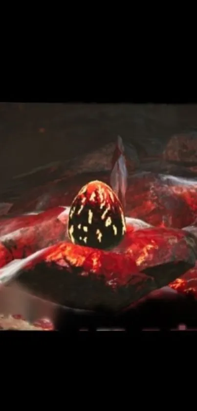 Mysterious egg on glowing red lava stones.