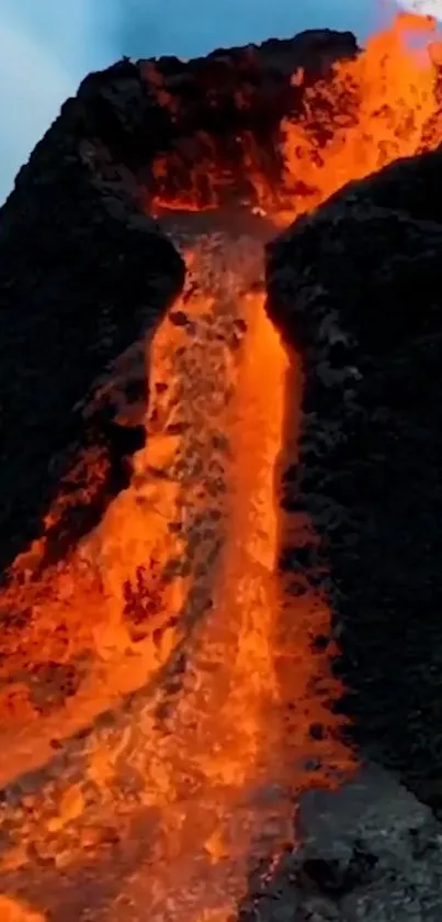 Dynamic wallpaper of vivid orange lava flowing from a volcano.