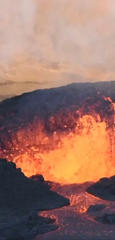 Fiery lava flowing through dark volcanic rocks, creating a stunning natural scene.