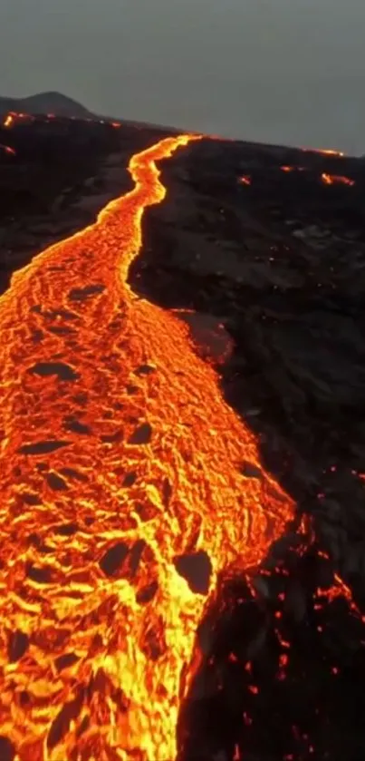 Intense orange lava flowing over dark terrain.