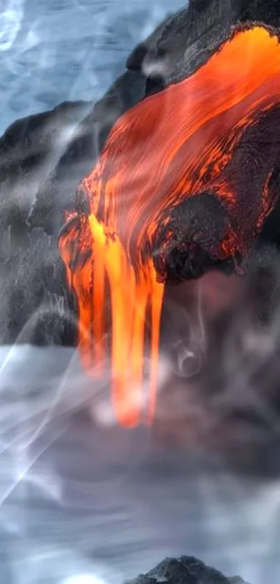 Vivid red lava flowing over dark rocks, surrounded by smoke.