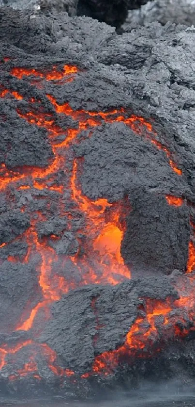 Fiery lava flow on volcanic rock background, showcasing intense red and orange colors.