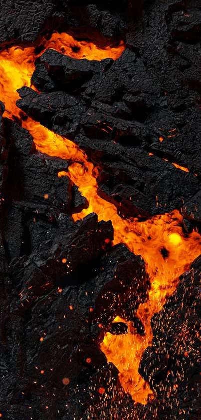 Vibrant orange lava flowing through dark rocks, creating a dramatic phone wallpaper.