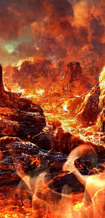 Fiery lava landscape with intense colors and rocky formations.