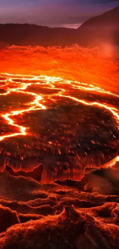 Fiery red lava landscape with glowing volcanic activity.