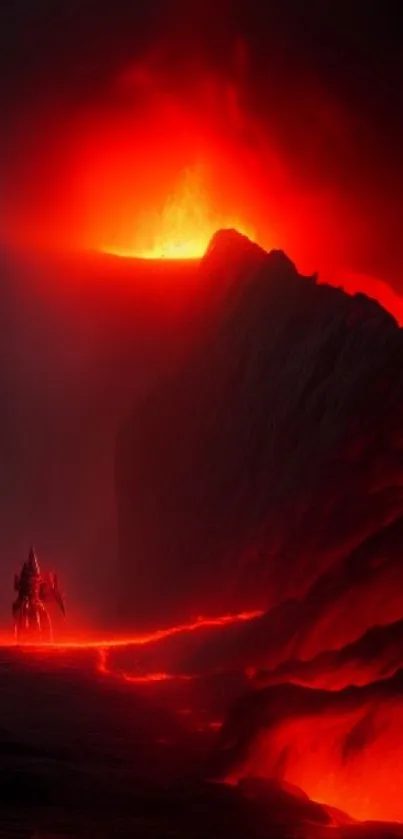 Fiery lava flowing down a dark mountainous landscape with glowing peaks.