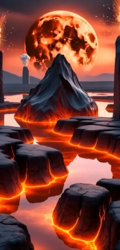 A dramatic landscape with glowing lava and a fiery moon.