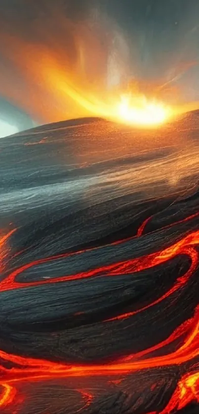 Fiery lava flowing on a mountain landscape.