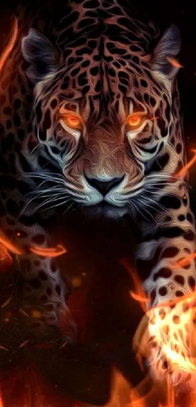 Fiery-eyed leopard art wallpaper with glowing swirls.