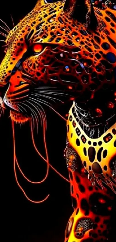 Fiery leopard digital art wallpaper with vibrant orange hues.