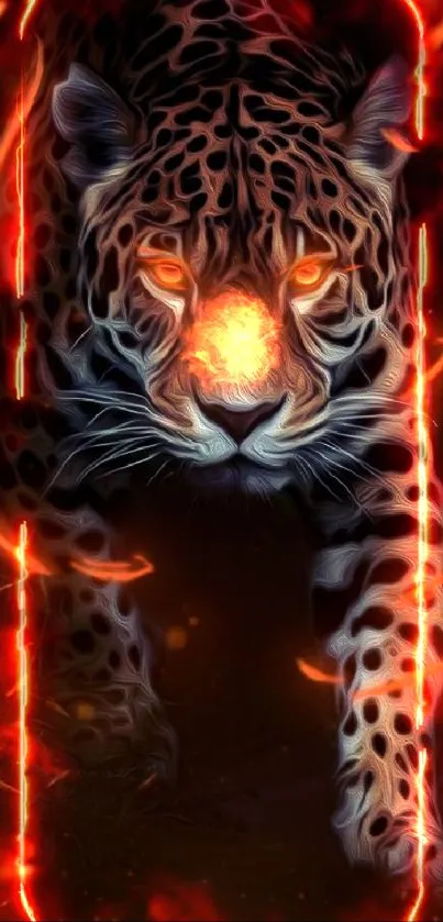 A glowing, fiery leopard emerges with bright orange luminescence in detailed digital art.