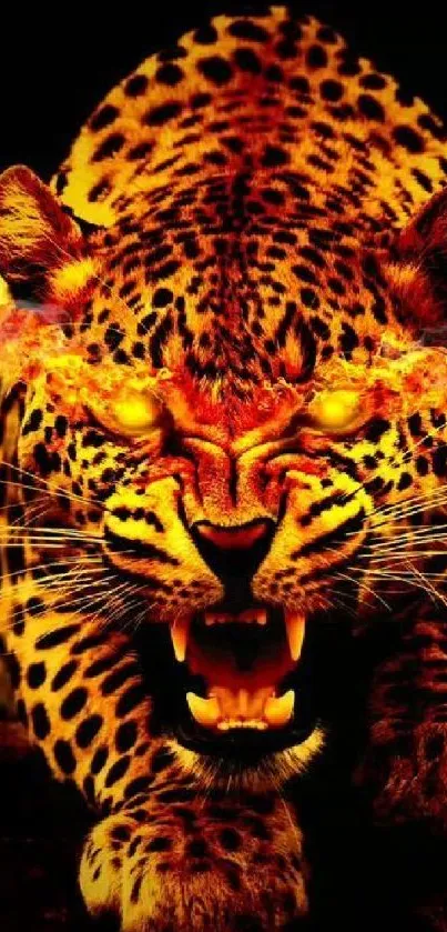 Fiery leopard with glowing eyes wallpaper.