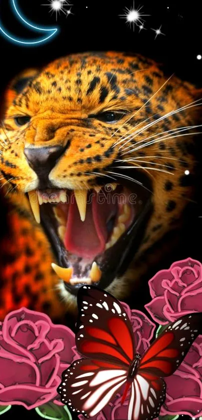 Fierce leopard with roses and butterfly under night sky wallpaper.