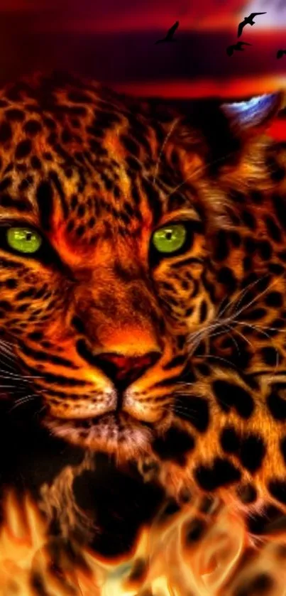 Leopard with fiery backdrop and sunset, vivid wildlife mobile wallpaper design.