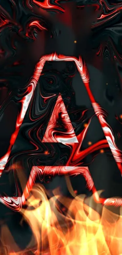 Fiery letter A with flame effects on a black and red abstract background.