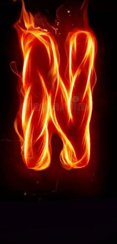 Fiery letter N with vibrant flames on dark background.