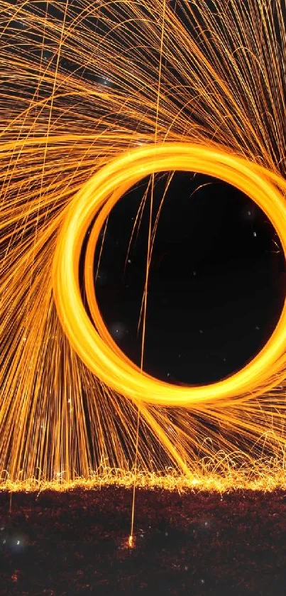 Vibrant light circle with fiery trails on a dark background as mobile wallpaper.