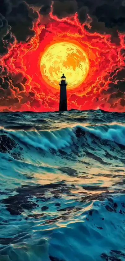 Lighthouse with fiery sunset and crashing waves.